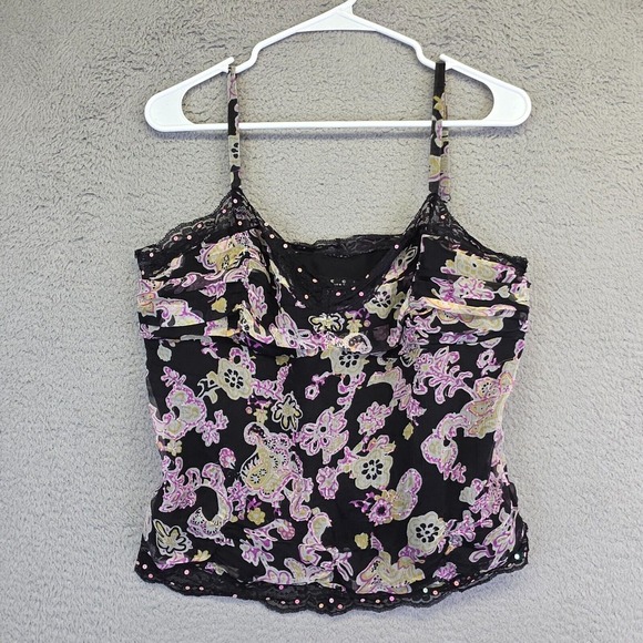 ECI Babydoll Top Women L Black Cropped Floral Lace Trim Sequins Silk Chiffon Y2K - Picture 1 of 13